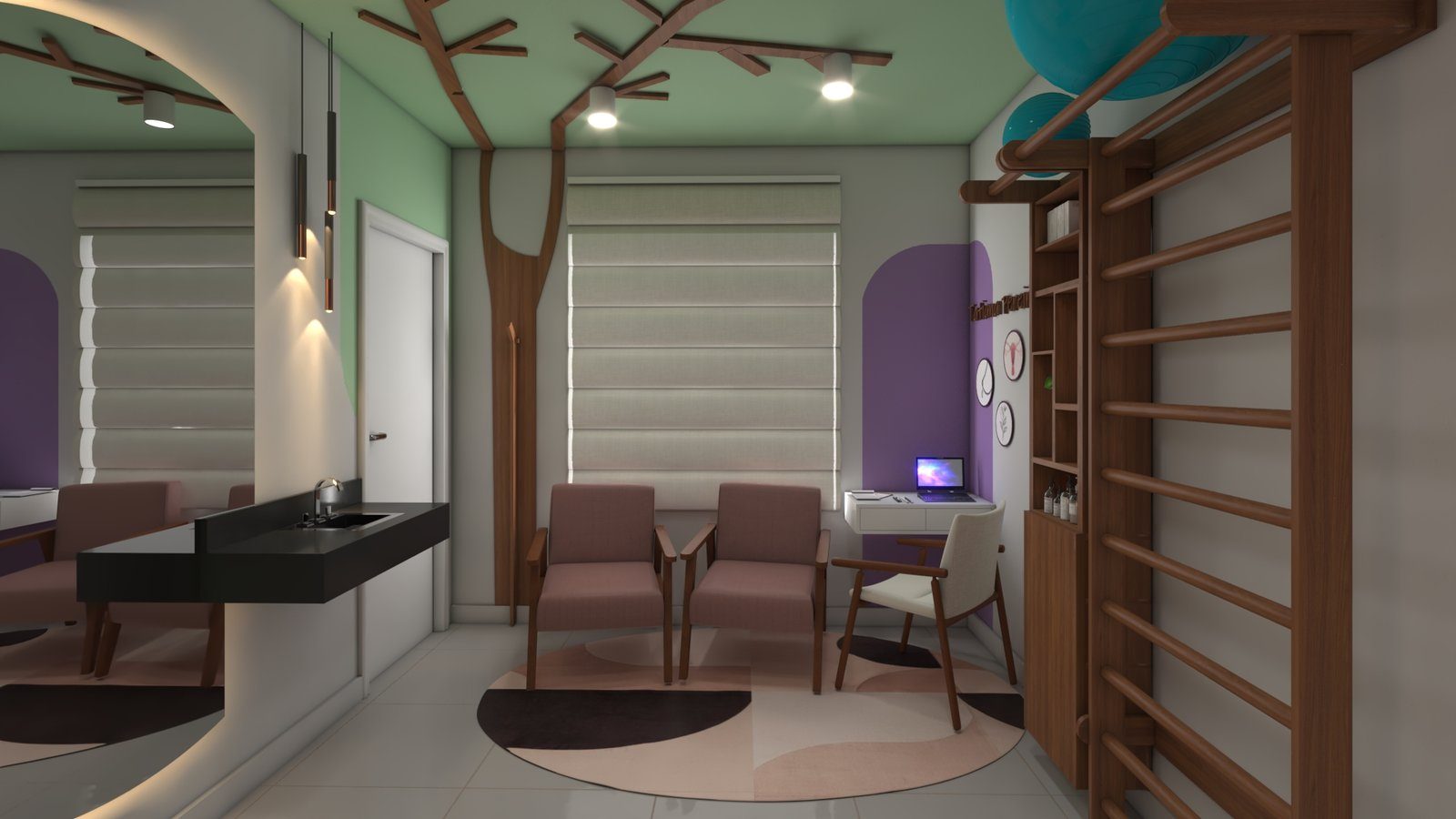 Projeto de Nayara Barros: espaço infantil: sala de espera com árvore no teto